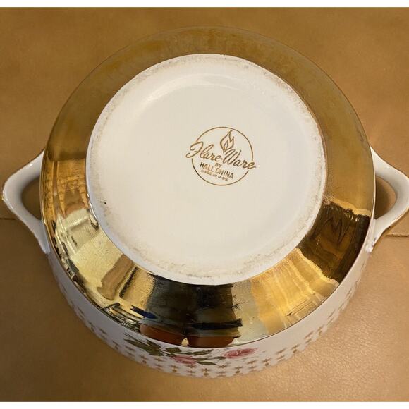 Hall China Flare Ware Rose Pattern Vintage Serving Bowl With Lid Rare Gold Trim - Picture 7 of 9